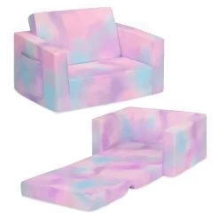 Delta Children Cozee Flip-Out Chair - 2-in-1 Convertible Chair To Lounger For Kids -Kid Household Items 208220 5062 Cozee Chair Pink Tie Dye Callout 01