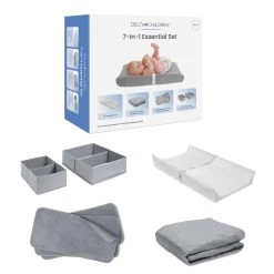 Delta Children 7-Piece Essential Changing Table Set - Newborn Baby Gift Set For Boys And Girls – Set Includes Changing Pad, Plush Changing Pad Cover, 3 Changing Pad Liners And 2 Storage Bins -Kid Household Items CP20103 5000 Essential Set Delta Callout 01