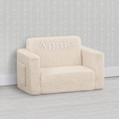 Delta Children Personalized Cozee Flip-Out Sherpa 2-in-1 Convertible Chair To Lounger For Kids -Kid Household Items EM208223 5030 Cozee Flip Out Chair Sherpa Cream Embroidered Lifestyle 103