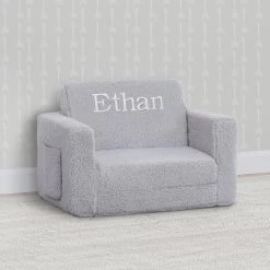 Delta Children Personalized Cozee Flip-Out Sherpa 2-in-1 Convertible Chair To Lounger For Kids -Kid Household Items EM208223 5031 Cozee Flip Out Chair Sherpa Grey Embroidered Lifestyle 103