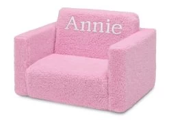 Delta Children Personalized Cozee Flip-Out Sherpa 2-in-1 Convertible Chair To Lounger For Kids -Kid Household Items EM208223 5032 Cozee Flip Out Sherpa Chair Pink Embroidered Silo 03
