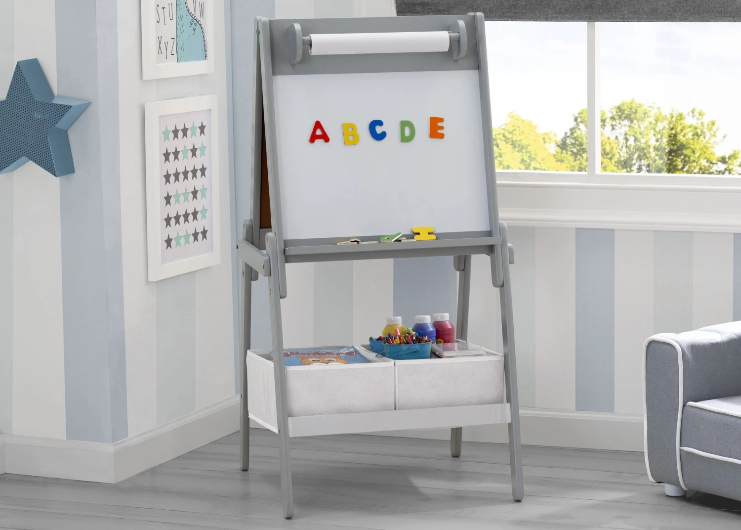Delta Children Chelsea Double-Sided Storage Easel With Paper Roll And Magnets | Dry Erase Surface & Chalkboard Surface 1 Delta Children Chelsea Double-Sided Storage Easel With Paper Roll And Magnets | Dry Erase Surface & Chalkboard Surface